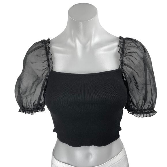 Aritzia Wilfred Black Mesh Puff Short Sleeve Ribbed Knit Blouse Crop Top Size XS - Picture 1 of 4